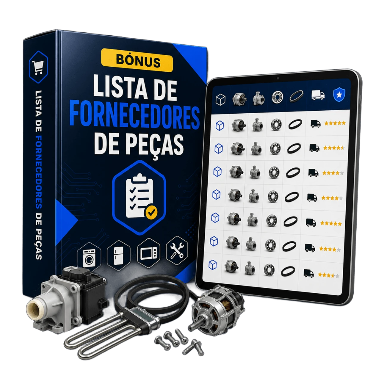 Mockup ultra-realista do bónus Lista de Fornecedores de Peças