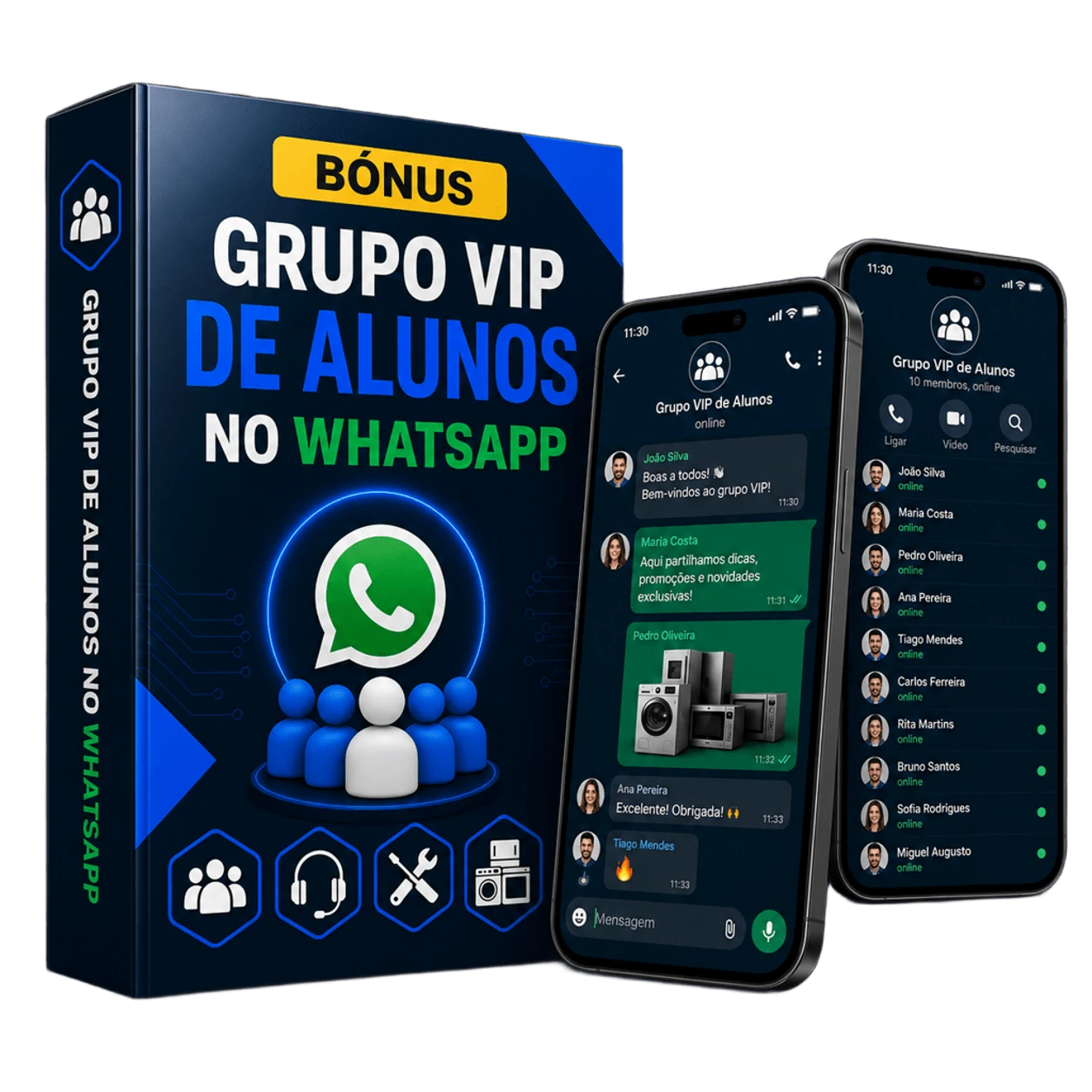 Mockup ultra-realista do bónus Grupo VIP de Alunos no WhatsApp