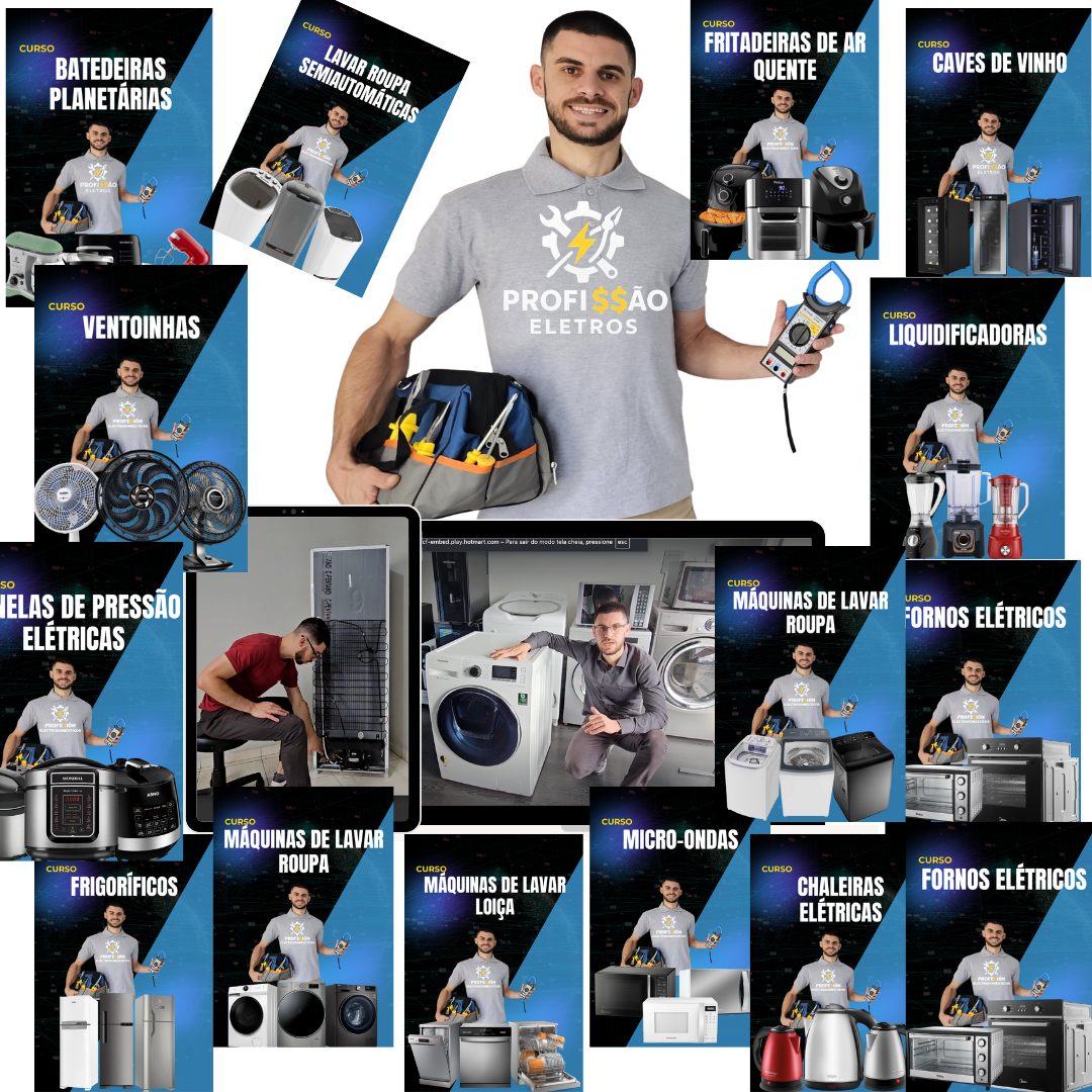 Mockup do combo completo Profissão Eletros com vários cursos de reparação de eletrodomésticos